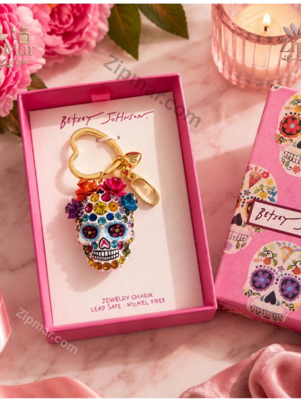 NWT Betsey Johnson Sugar Skull Keychain Bag Charm Rhinestone Calavera Boxed